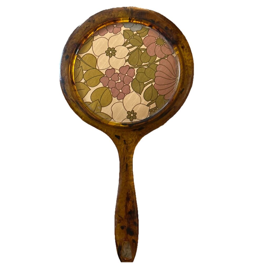 Vintage Hand Mirror Bakelite? Celluloid? Tortoise Shell MCM Floral 60’s 70’s
